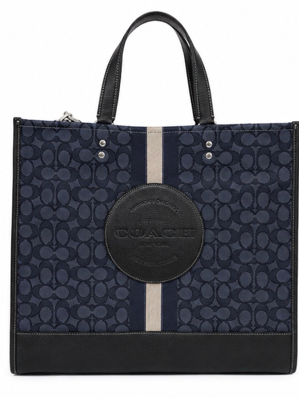 Coach Navy Signature Stripe Tote with Dark Blue Leather Trim